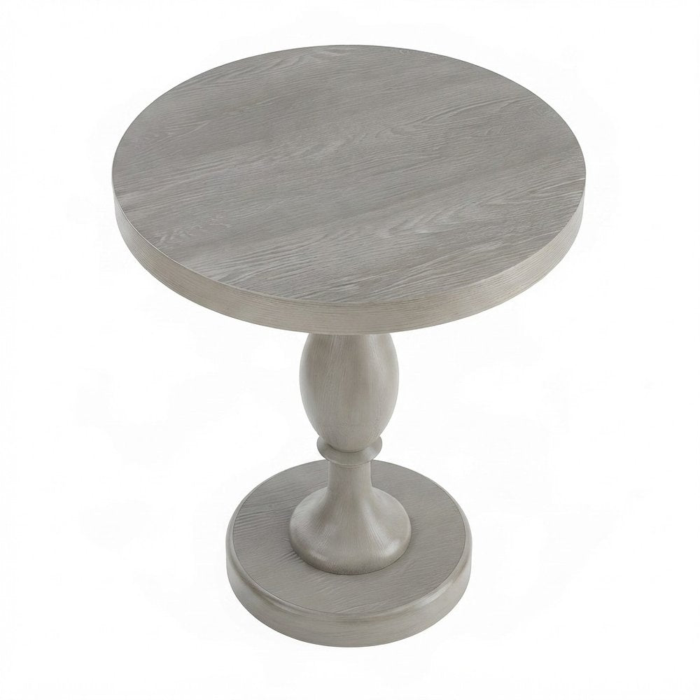 Round MDF and Ash Wood End Table on Rubberwood Pedestal Base, Distressed Gray