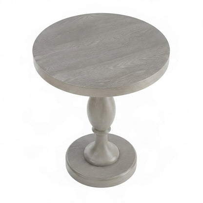 Round MDF and Ash Wood End Table on Rubberwood Pedestal Base, Distressed Gray