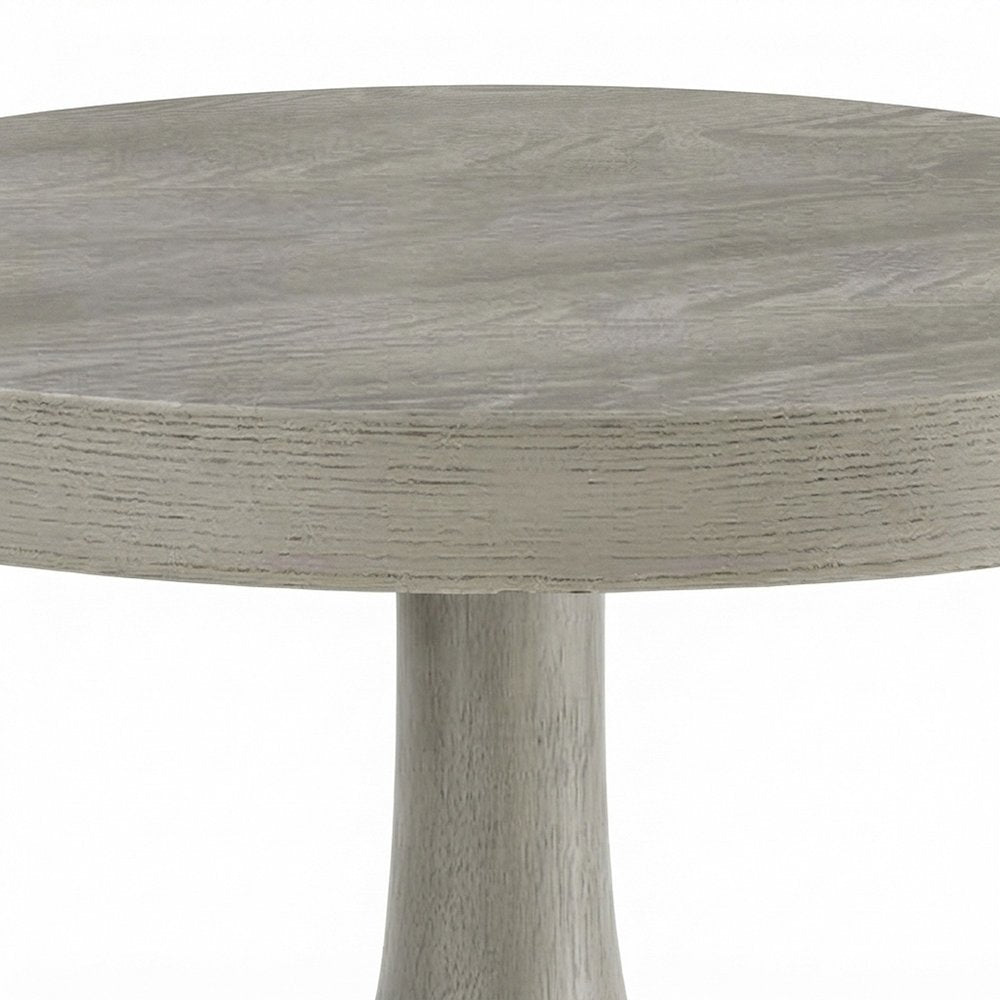 Round MDF and Ash Wood End Table on Rubberwood Pedestal Base, Distressed Gray