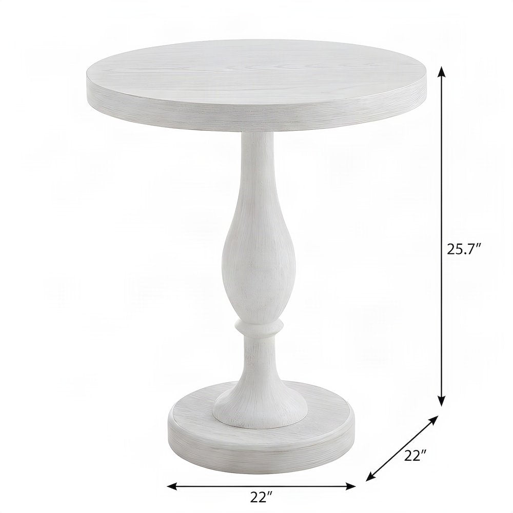 Round MDF and Ash Wood End Table on Rubberwood Pedestal Base, White-wash
