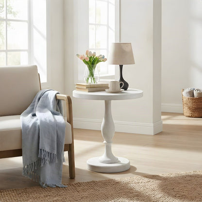 Round MDF and Ash Wood End Table on Rubberwood Pedestal Base, White-wash