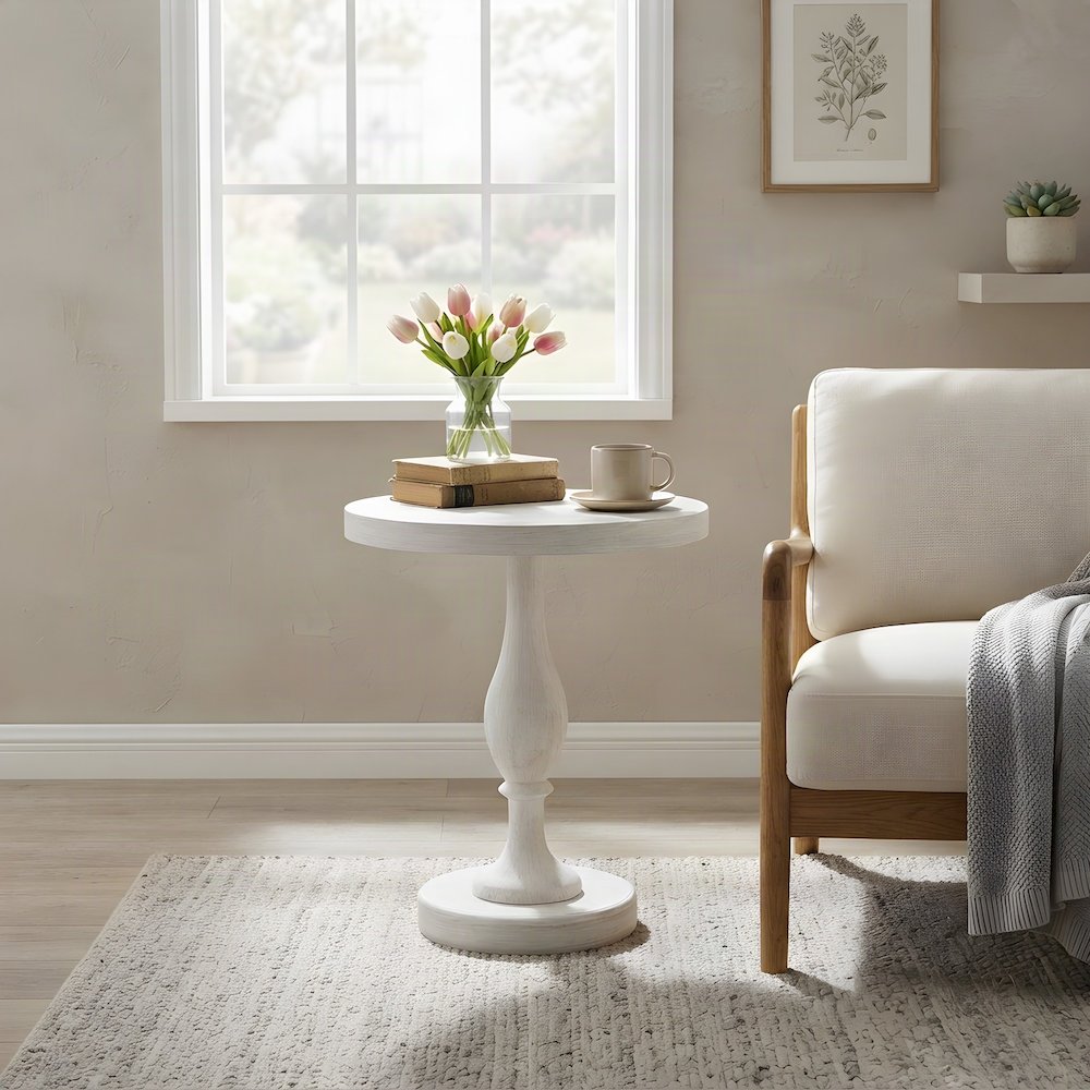 Round MDF and Ash Wood End Table on Rubberwood Pedestal Base, White-wash