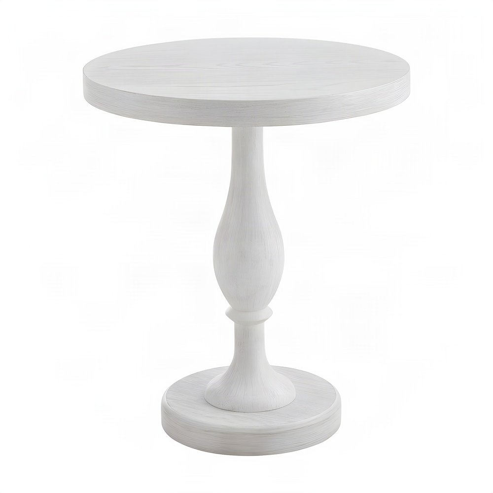 Round MDF and Ash Wood End Table on Rubberwood Pedestal Base, White-wash