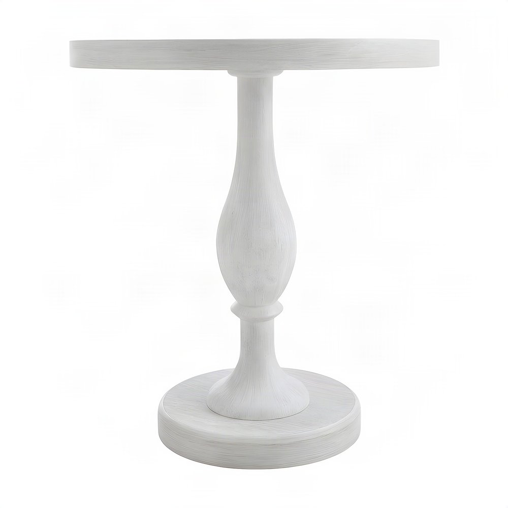 Round MDF and Ash Wood End Table on Rubberwood Pedestal Base, White-wash