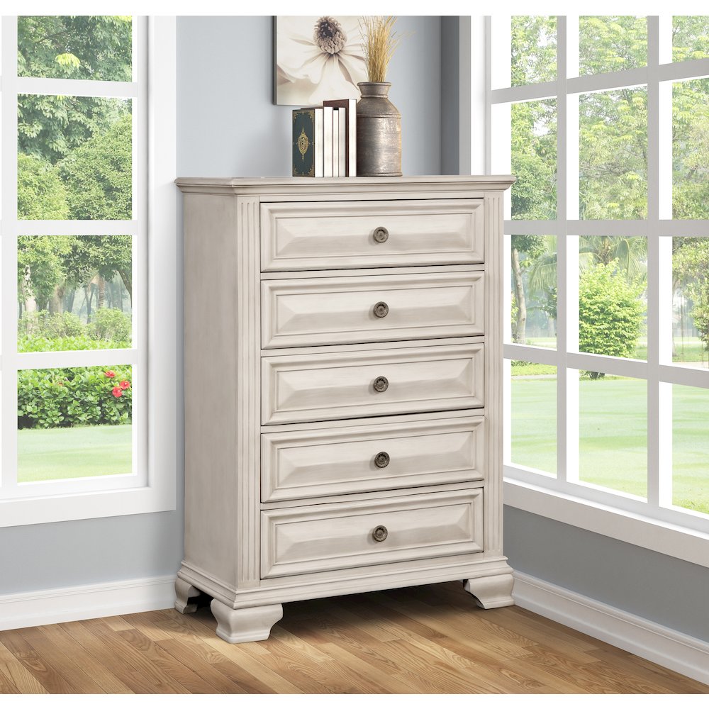 Parchment Wood Bedroom Set, Queen Panel Bed, Dresser, Mirror, Nightstand, Chest
