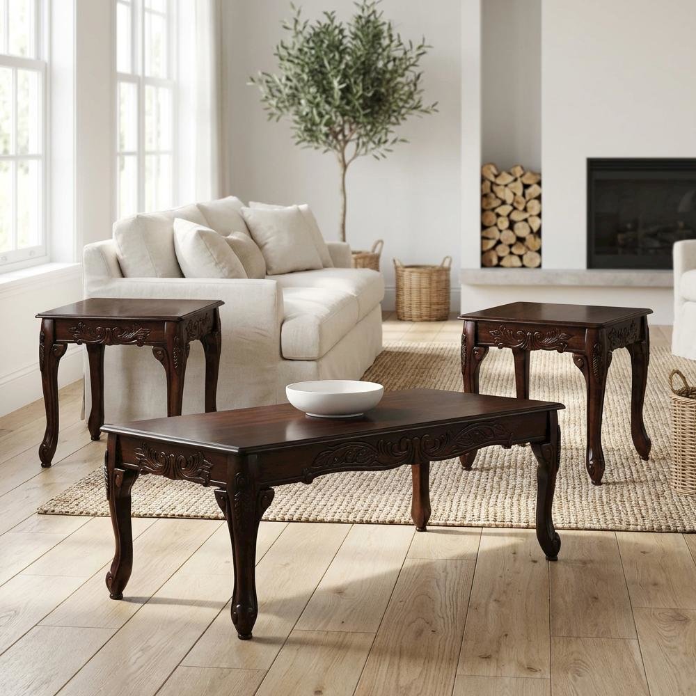 Dark Cherry 3-Piece Wood Coffee and End Table Set with Durable Finish