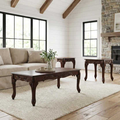 Dark Cherry 3-Piece Wood Coffee and End Table Set with Durable Finish