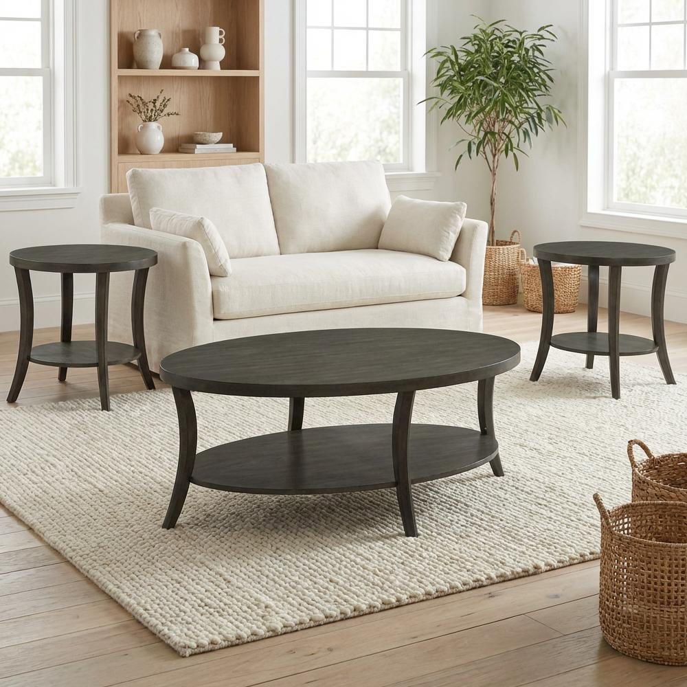 Gray Oval Coffee Table Set with 3 Pieces and Contemporary Design for Living Room