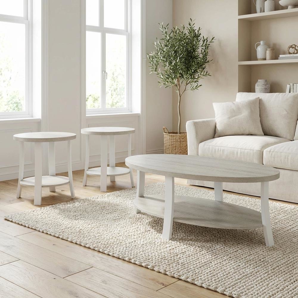 White Oval Wood 3-Piece Coffee Table Set with Contemporary Shelf Design