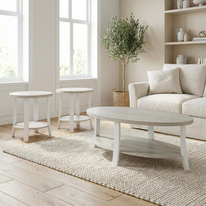 White Oval Wood 3-Piece Coffee Table Set with Contemporary Shelf Design