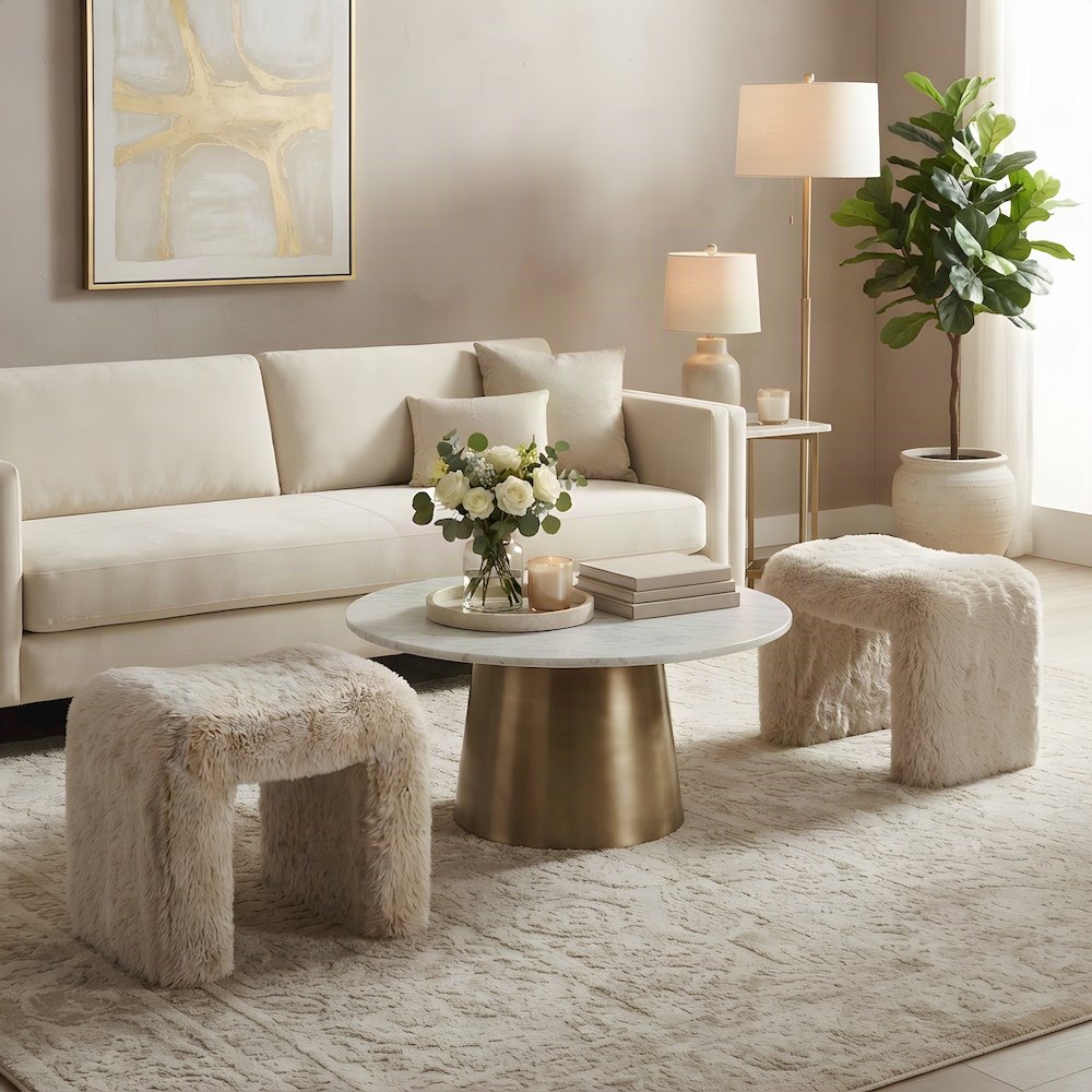 Contemporary Faux Fur U-Shaped Upholstered Footstool Ottoman, Set of 2, Beige