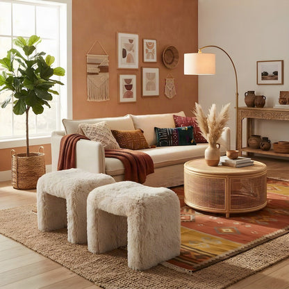 Contemporary Faux Fur U-Shaped Upholstered Footstool Ottoman, Set of 2, Beige