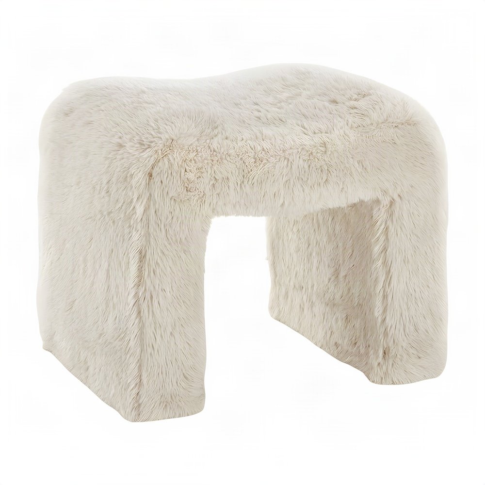 Contemporary Faux Fur U-Shaped Upholstered Footstool Ottoman, Set of 2, Beige