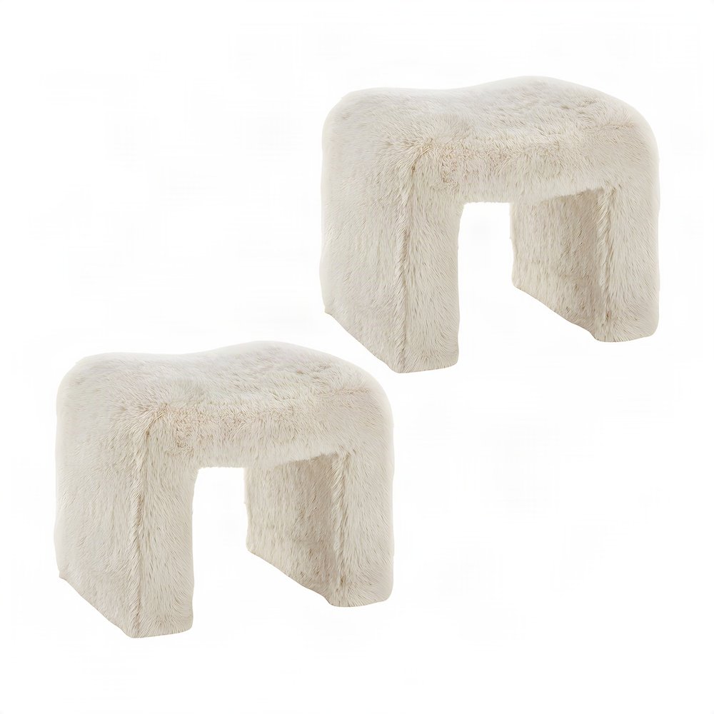 Contemporary Faux Fur U-Shaped Upholstered Footstool Ottoman, Set of 2, Beige