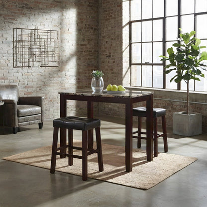 Faux Marble High Top Breakfast Bar Table, Faux Leather Stools 3 Piece Set, Brown
