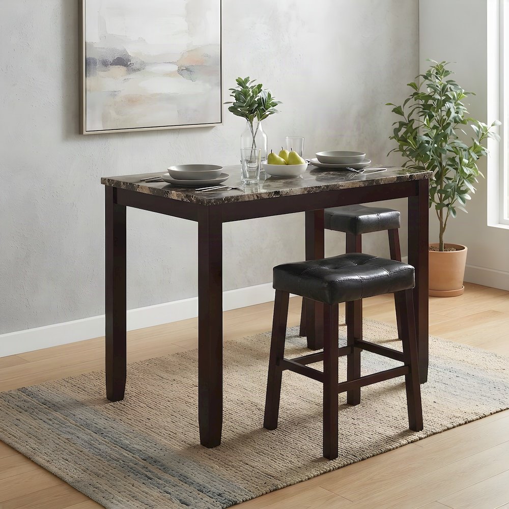 Faux Marble High Top Breakfast Bar Table, Faux Leather Stools 3 Piece Set, Brown