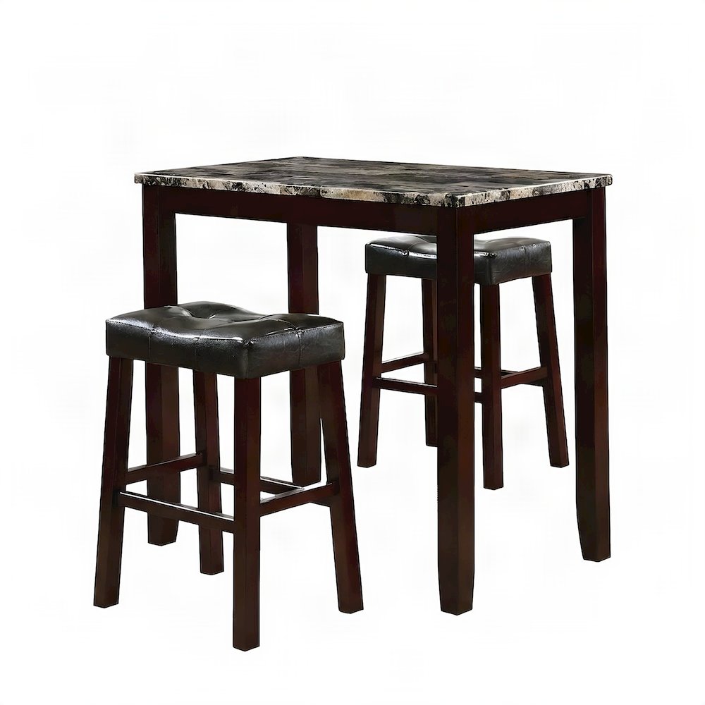 Faux Marble High Top Breakfast Bar Table, Faux Leather Stools 3 Piece Set, Brown