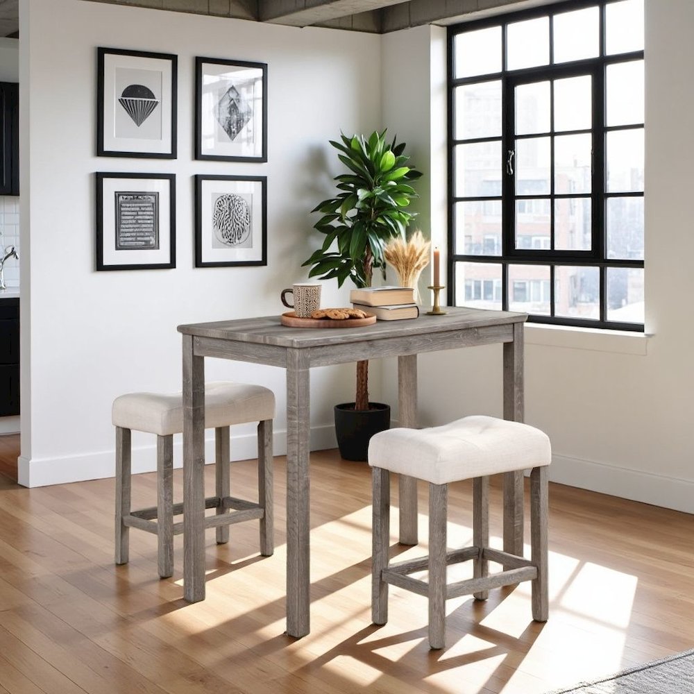 Gray 3 Piece Counter Height Dining Table Set, Tall Design in Taupe Finish