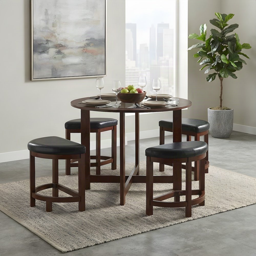 Wood and Glass Top Round Counter Height Pub Table with 4 Stools, Brown