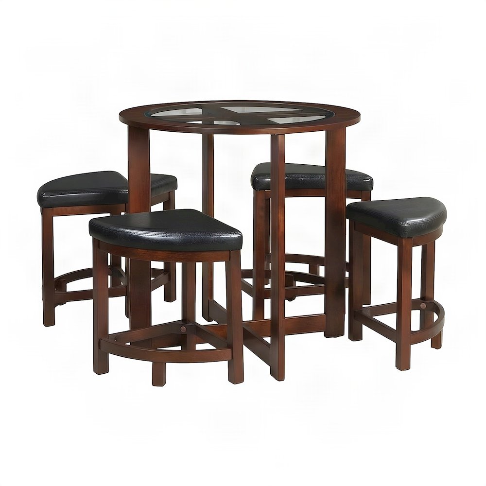 Wood and Glass Top Round Counter Height Pub Table with 4 Stools, Brown