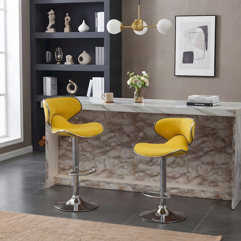 Velvet Swivel Adjustable Retro Bar Stools, Colorful Bar Chairs, Set of 2, Yellow