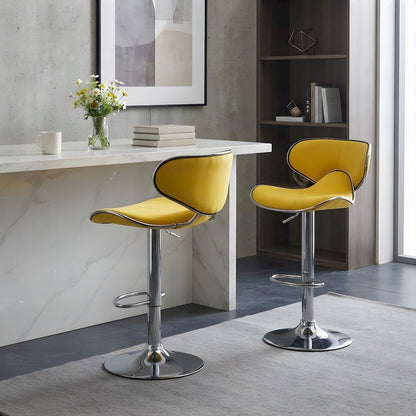 Velvet Swivel Adjustable Retro Bar Stools, Colorful Bar Chairs, Set of 2, Yellow