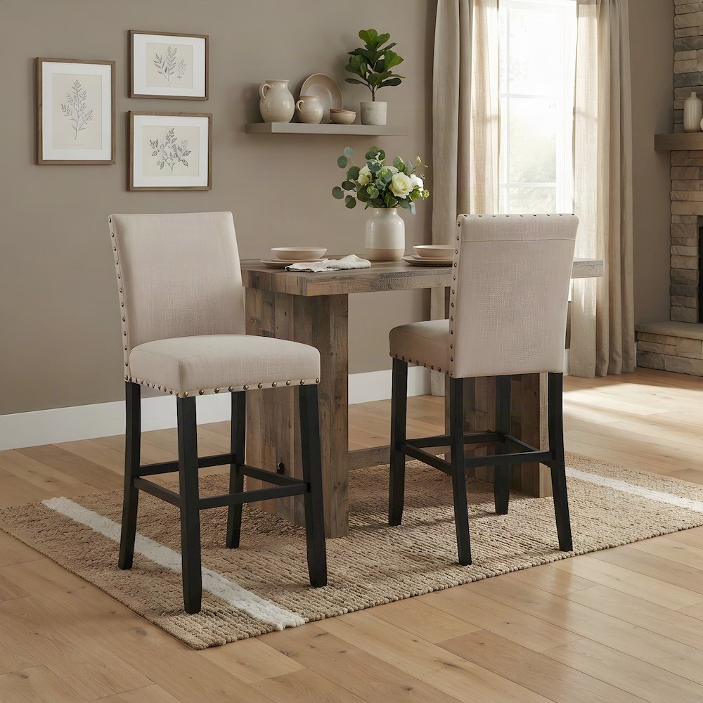 Fabric-Upholstered Counter Height Bar Stools with Nailhead Trim, Set of 2, Tan