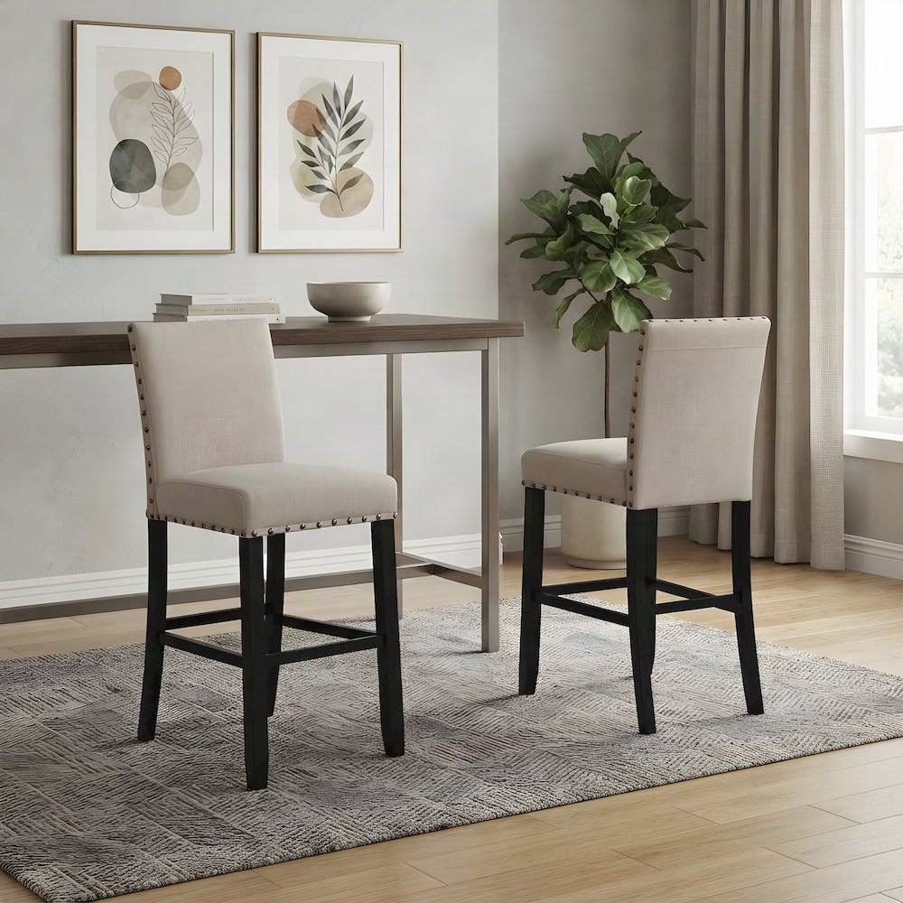 Fabric-Upholstered Counter Height Bar Stools with Nailhead Trim, Set of 2, Tan