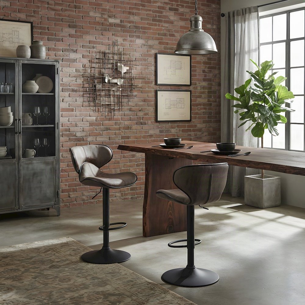 Faux Leather Adjustable Swivel Bar Stools with Chrome Base, Set of 2, Brown