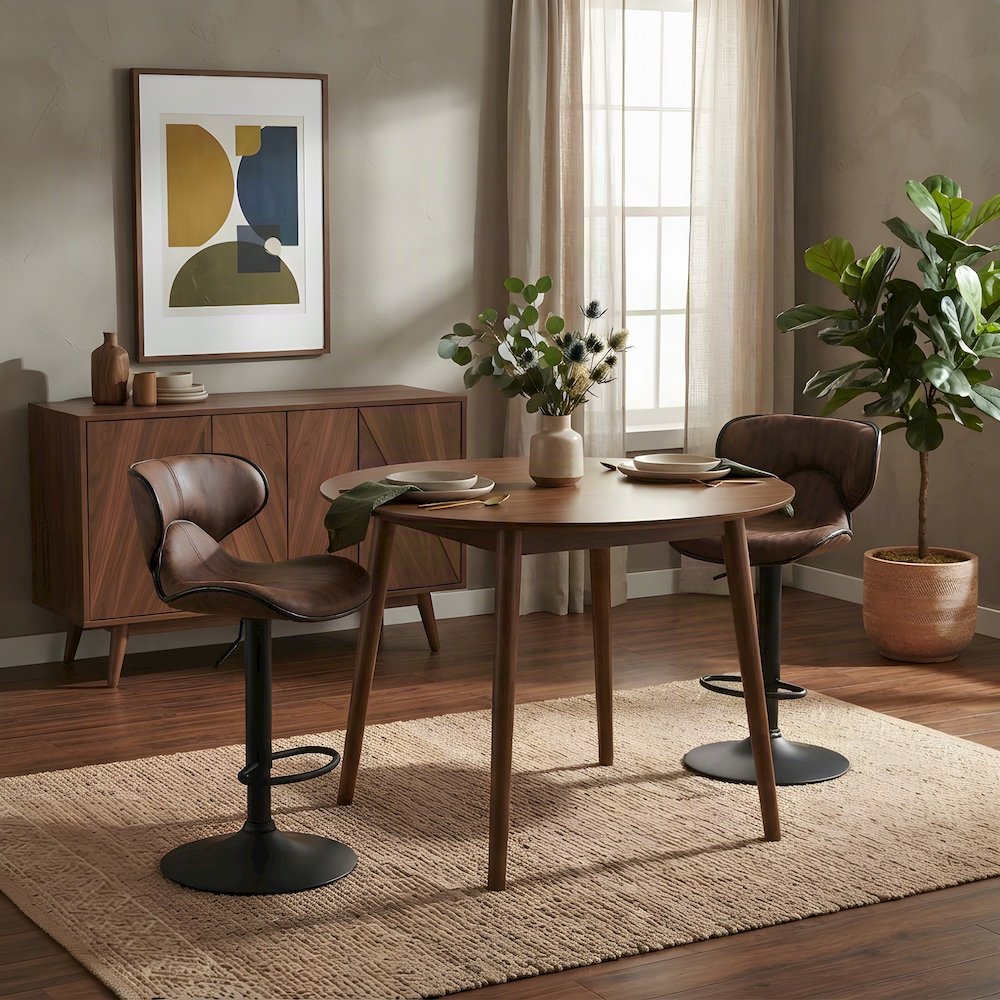 Faux Leather Adjustable Swivel Bar Stools with Chrome Base, Set of 2, Brown