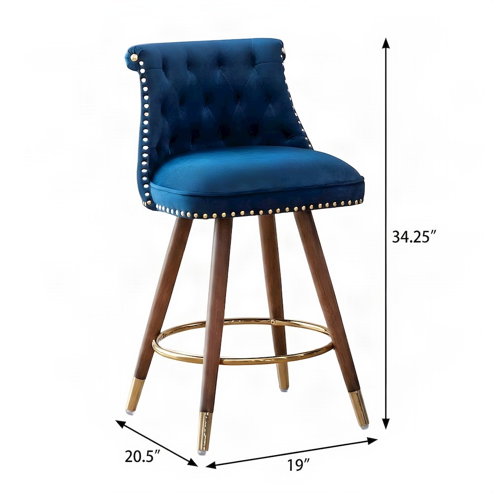 Button-Tufted Counter Height Bar Stools with Nailhead Trim, Set of 2, Blue