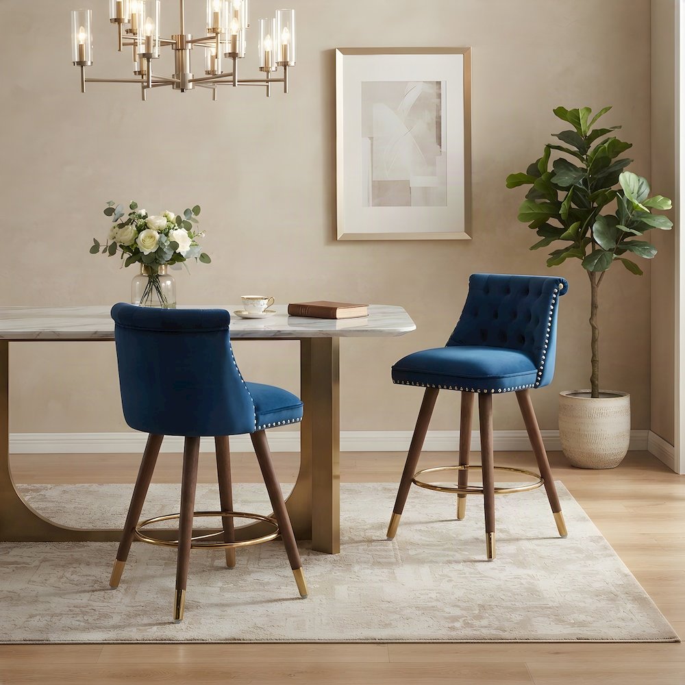 Button-Tufted Counter Height Bar Stools with Nailhead Trim, Set of 2, Blue