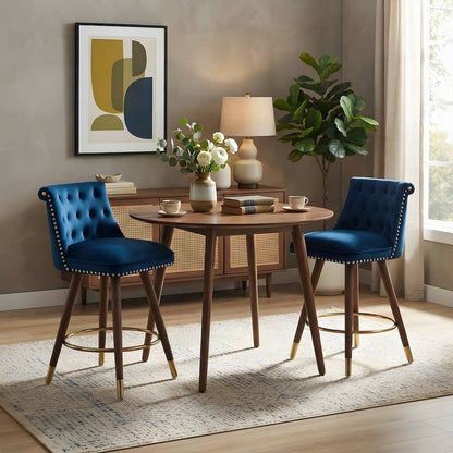 Button-Tufted Counter Height Bar Stools with Nailhead Trim, Set of 2, Blue