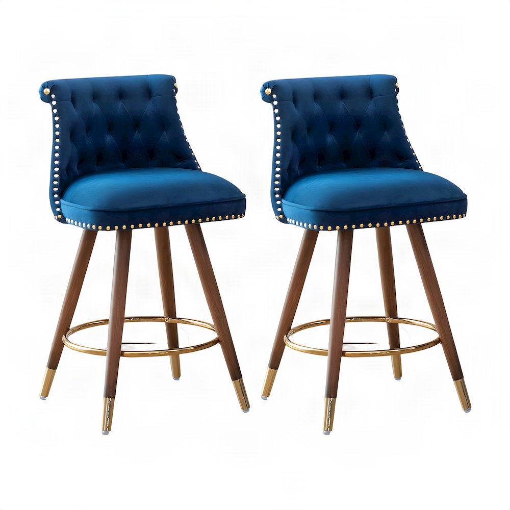 Button-Tufted Counter Height Bar Stools with Nailhead Trim, Set of 2, Blue