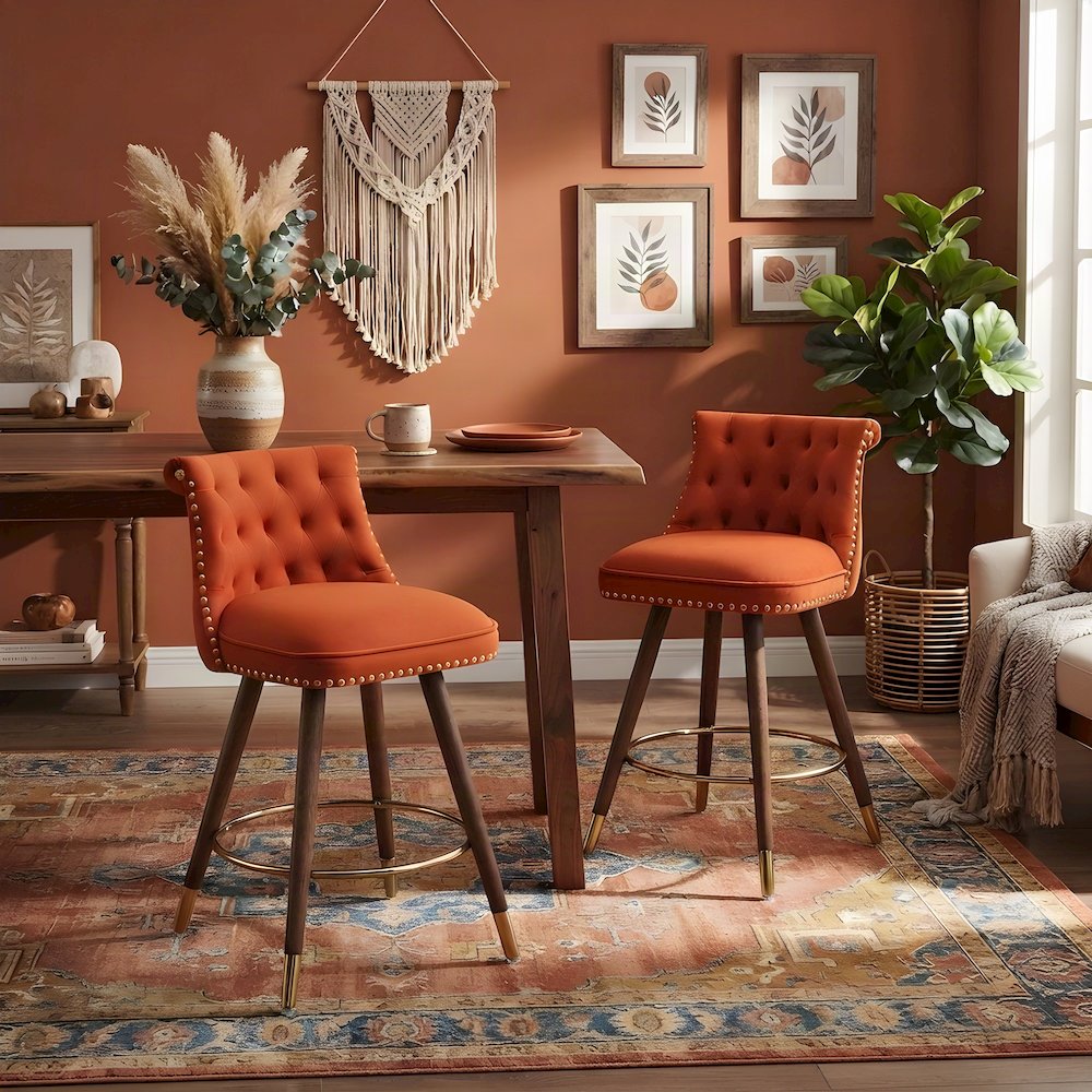 Button-Tufted Counter Height Bar Stools with Nailhead Trim, Set of 2, Orange