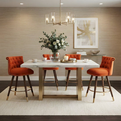Button-Tufted Counter Height Bar Stools with Nailhead Trim, Set of 2, Orange