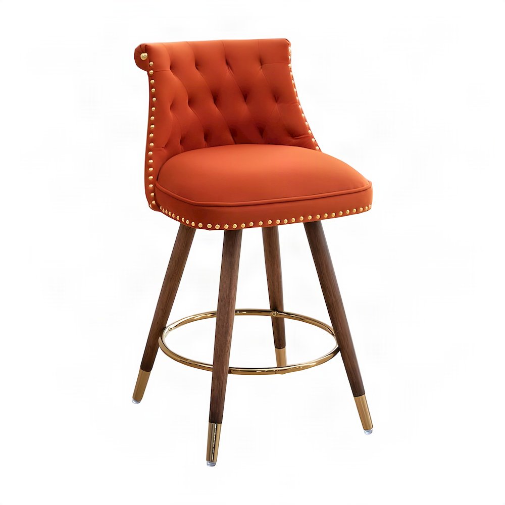 Button-Tufted Counter Height Bar Stools with Nailhead Trim, Set of 2, Orange