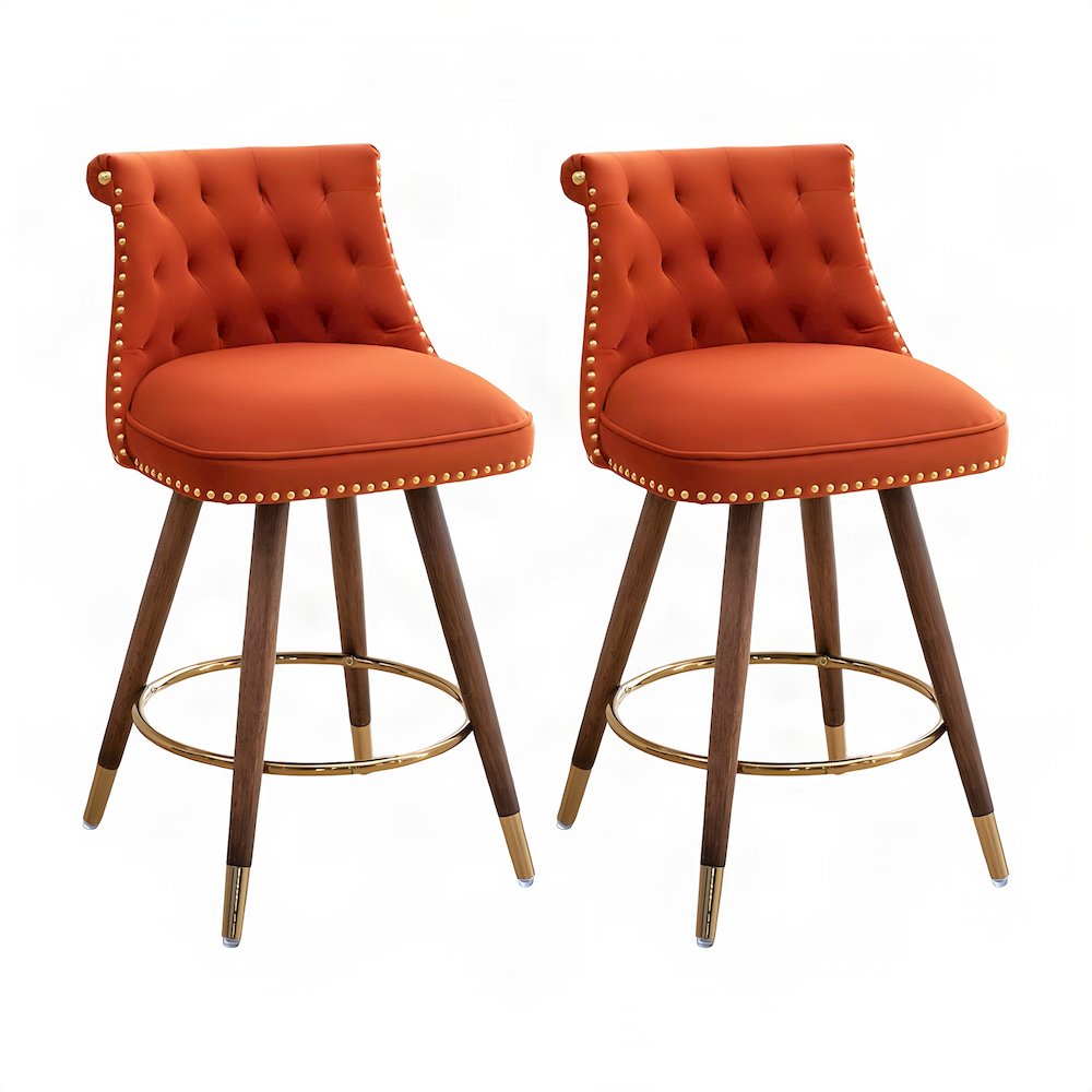 Button-Tufted Counter Height Bar Stools with Nailhead Trim, Set of 2, Orange