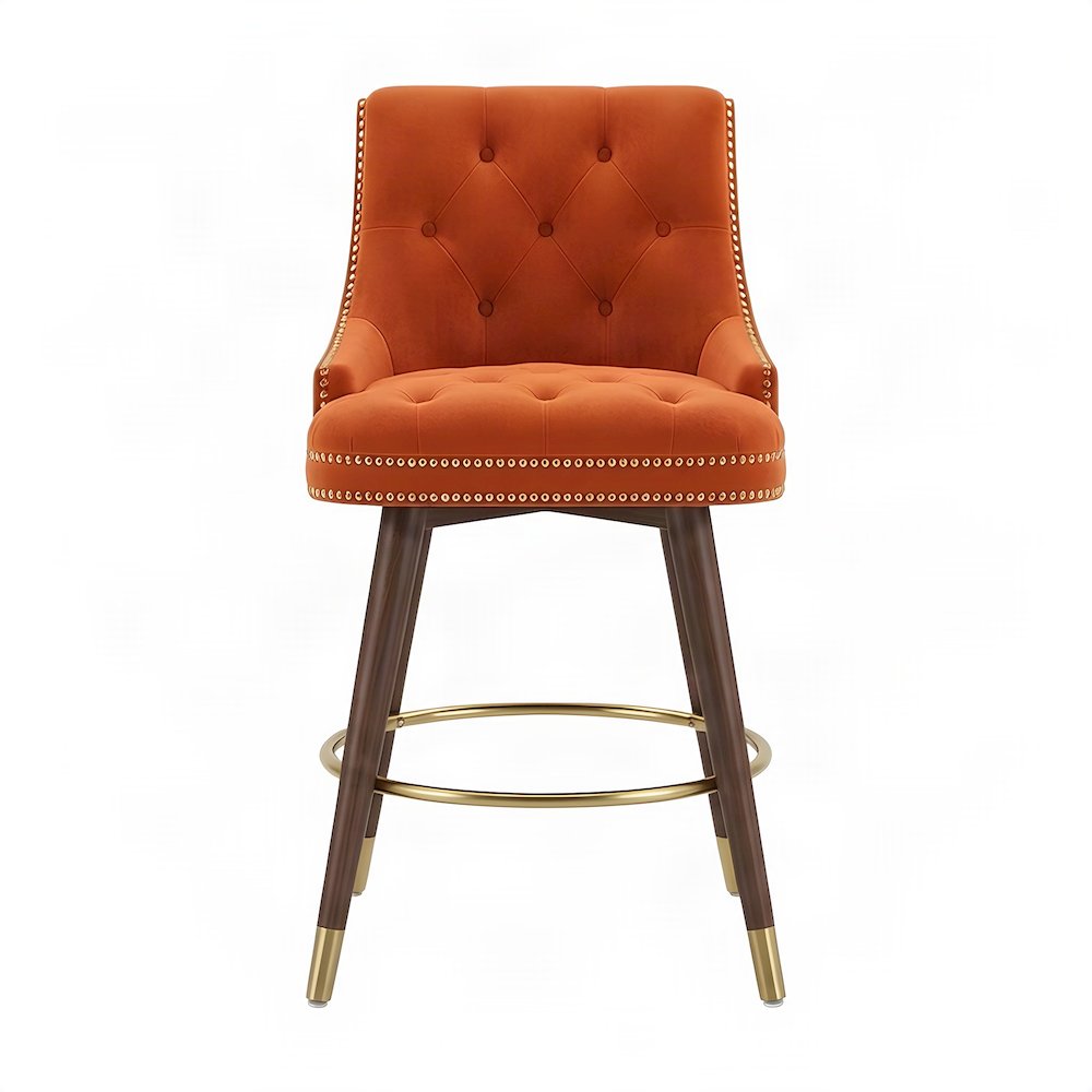 Button-Tufted Counter Height Bar Stools with Nailhead Trim, Set of 2, Orange