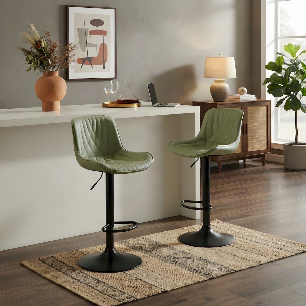 Faux Leather Swivel Adjustable Counter Height Barstools, Set of 2, Green