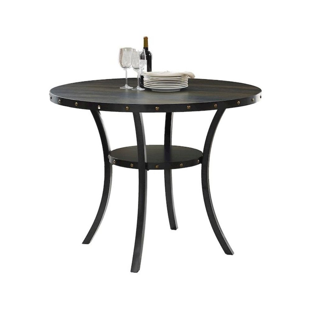 Gray Round  Counter Height Dining Table with Open Shelf, Metal Base Wooden Table