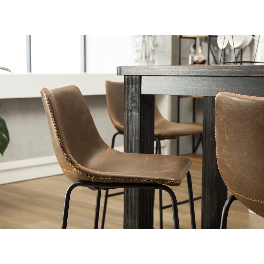 7-Piece Bar Height Antique Black Wood Dining Table, 6 Brown Faux Leather Chairs
