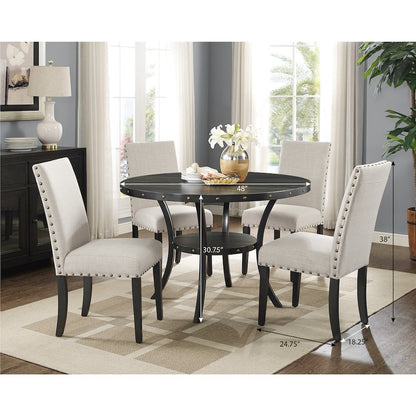 Biony Espresso Wood Dining Set with Tan Fabric Nailhead Chairs, 5-Pc