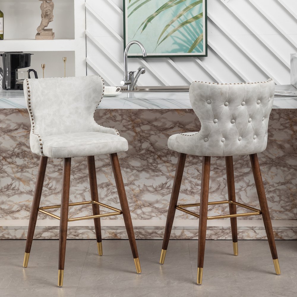 Nevis Modern Faux Leather Tufted Nailhead Trim Barstool Set of 2, Off-White