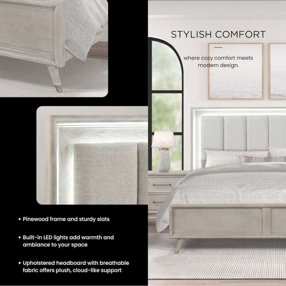 Seluna 4-Piece Bedroom Set with Touch LED Lighting, Gray Oak Finish, King