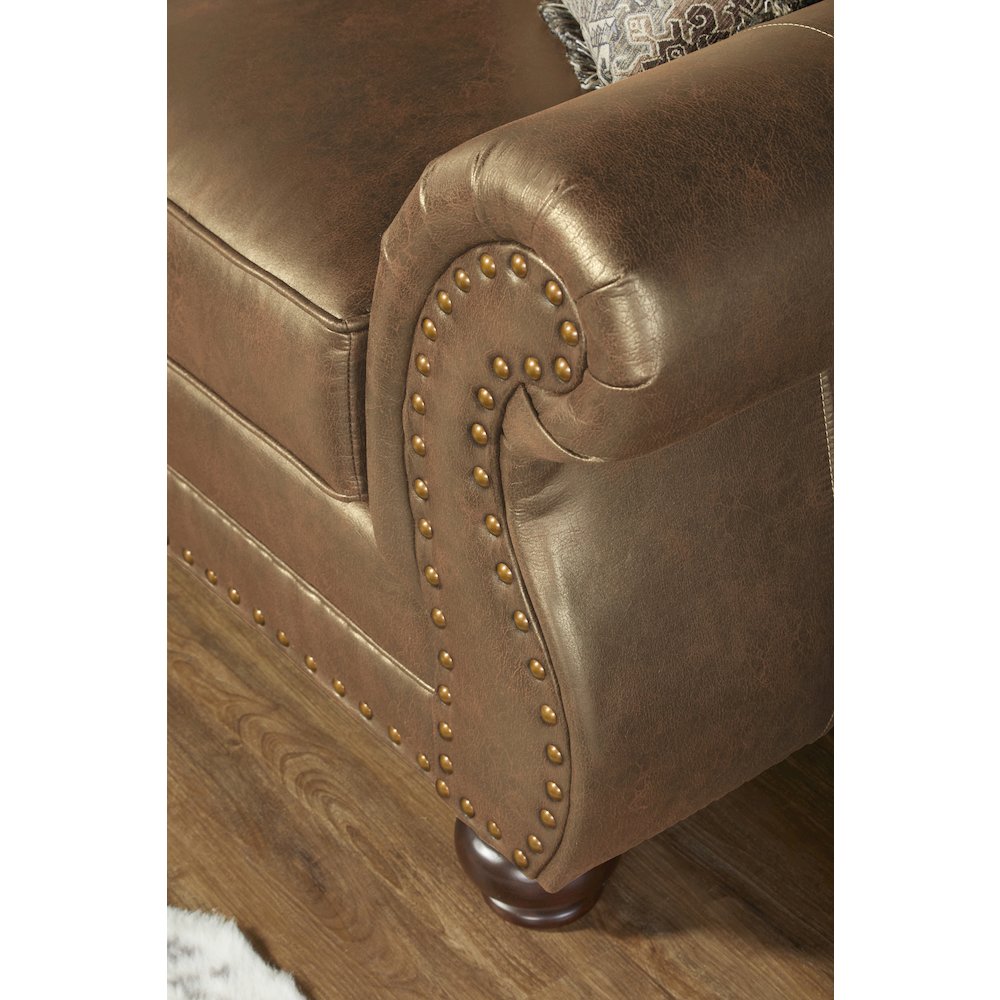Leinster Faux Leather Sofa with Antique Bronze Nailheads in Jetson Ginger