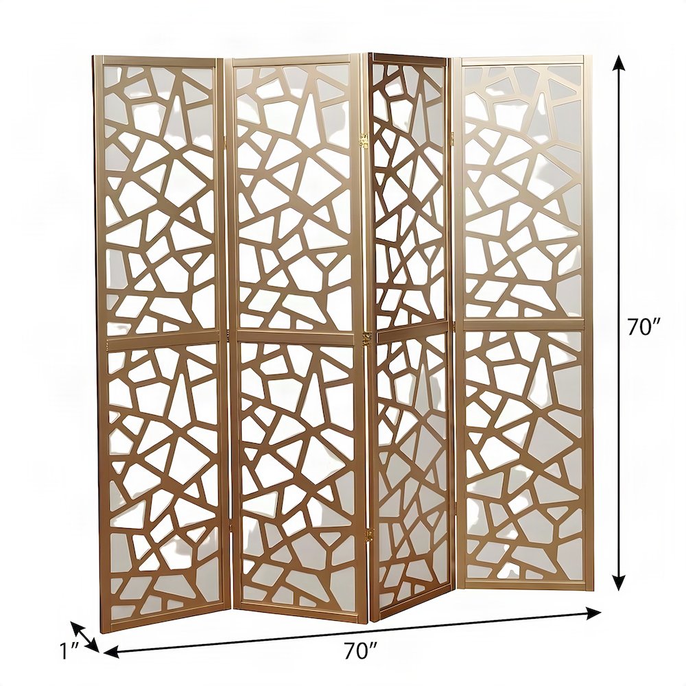 Wood and Non-Woven Fabric 4-Panel Folding Privacy Screen Room Divider, Gold