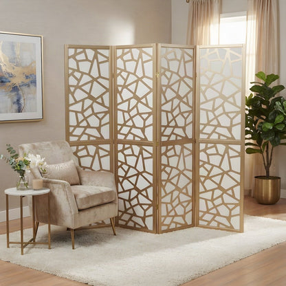 Wood and Non-Woven Fabric 4-Panel Folding Privacy Screen Room Divider, Gold