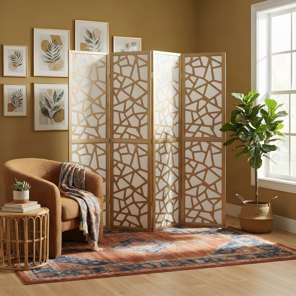 Wood and Non-Woven Fabric 4-Panel Folding Privacy Screen Room Divider, Gold