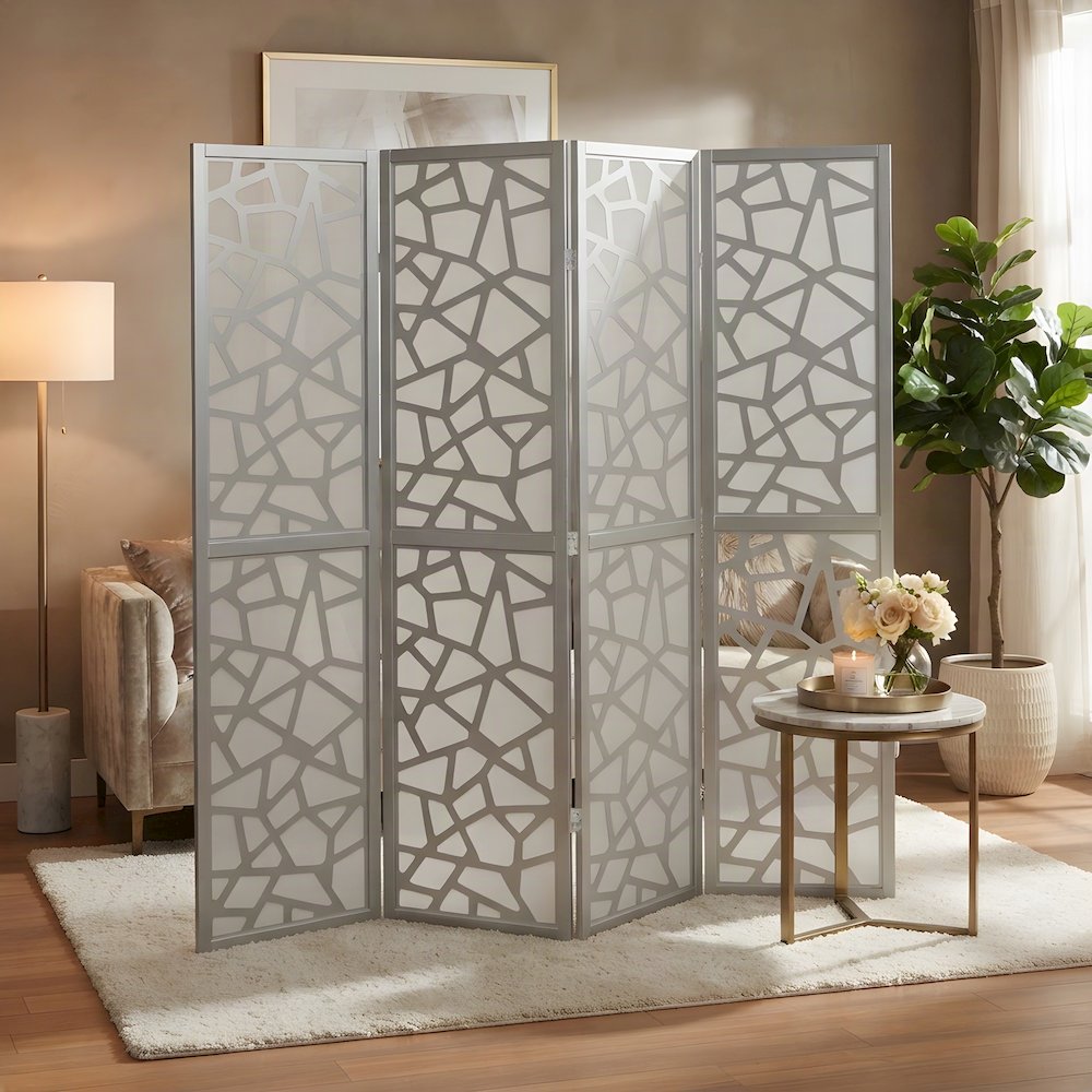 Wood and Non-Woven Fabric 4-Panel Folding Privacy Screen Room Divider, Silver